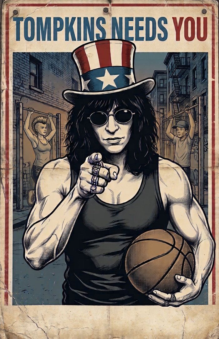 Poster: Tompkins needs you. A man in an Uncle Sam hat points at the viewer, holding a basketball, while a woman and a boy do pull-ups on the bars behind him.
