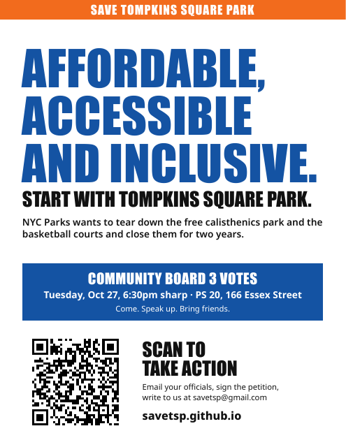 Poster. Affordable, accessible and inclusive. Start with Tompkins Square Park.